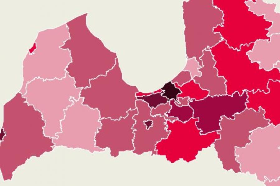 Kā ceturtdienas rītā izskatās Covid-19 saslimstības novadu karte (+INFOGRAFIKA)